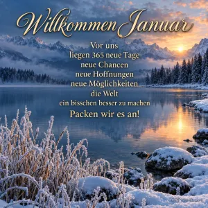 Ein verschneiter Bergsee mit Tannen und Bergen im Sonnenaufgang trägt den Gruß "Willkommen Januar".