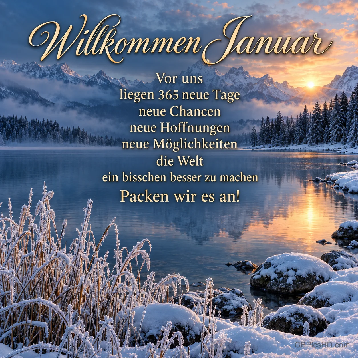 Ein verschneiter Bergsee mit Tannen und Bergen im Sonnenaufgang trägt den Gruß "Willkommen Januar".