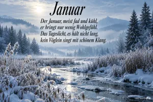 Ein Bach fließt durch eine verschneite Waldlandschaft unter der Überschrift "Januar" und einem Wintergedicht.