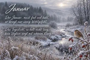 Ein Vogel sitzt auf einem verschneiten Hagebuttenzweig am Bach, daneben stehen "Januar" und ein Wintergedicht.