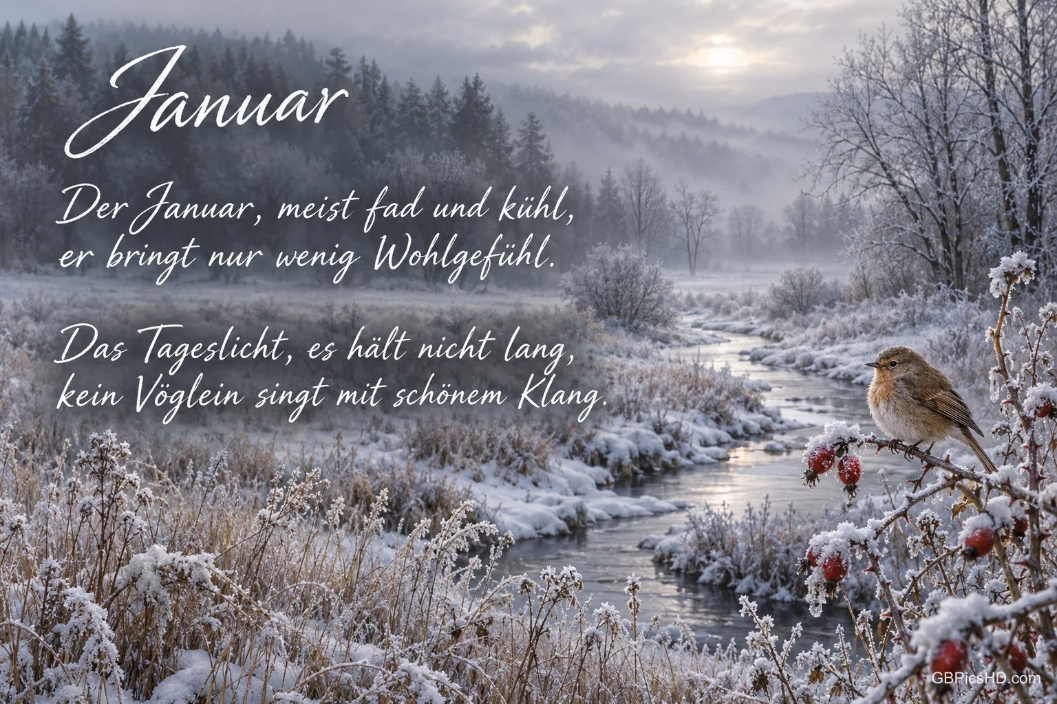 Ein Vogel sitzt auf einem verschneiten Hagebuttenzweig am Bach, daneben stehen "Januar" und ein Wintergedicht.