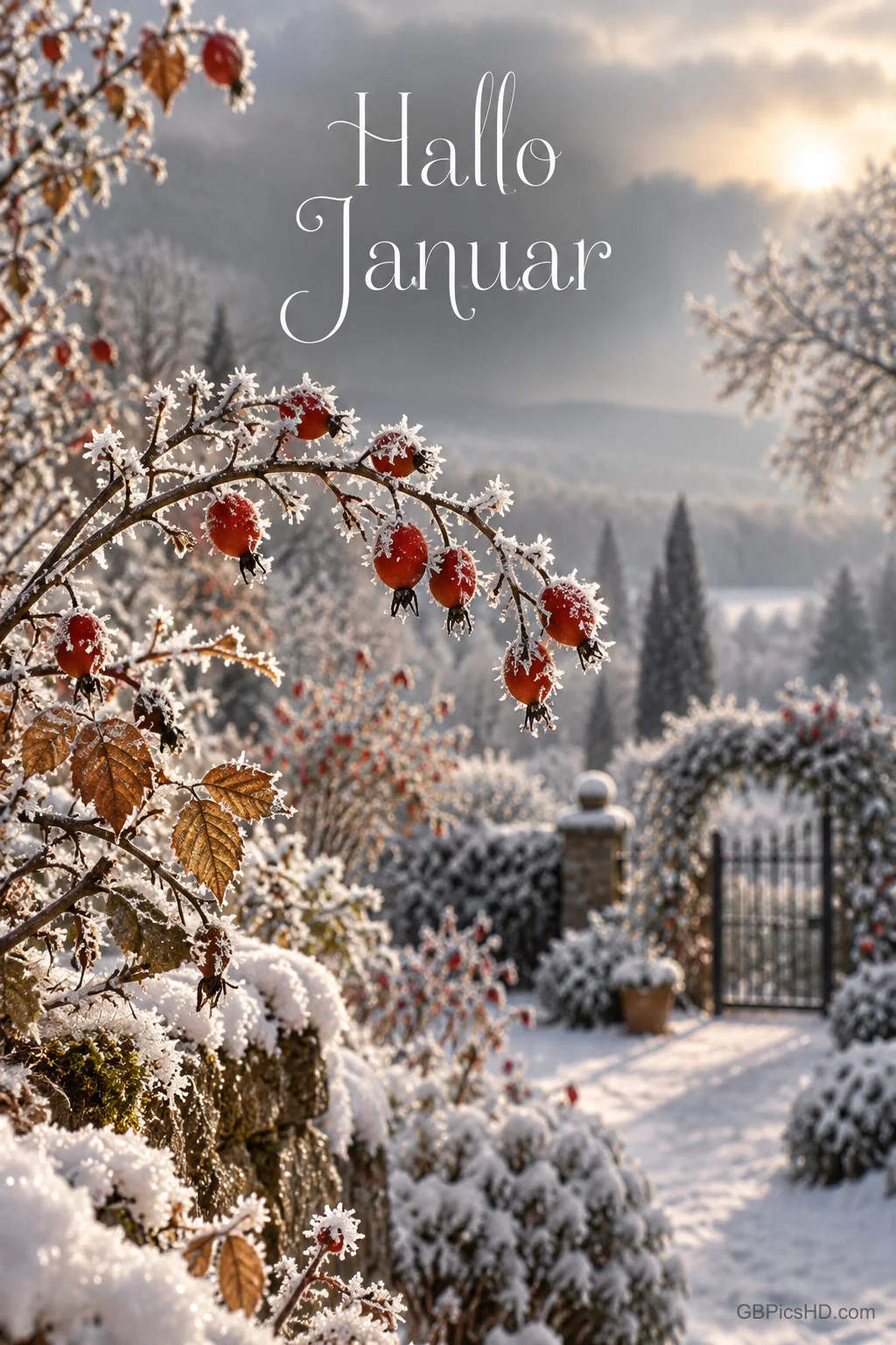 Bereifte Hagebutten hängen vor einem verschneiten Garten mit Tor und der Aufschrift "Hallo Januar".