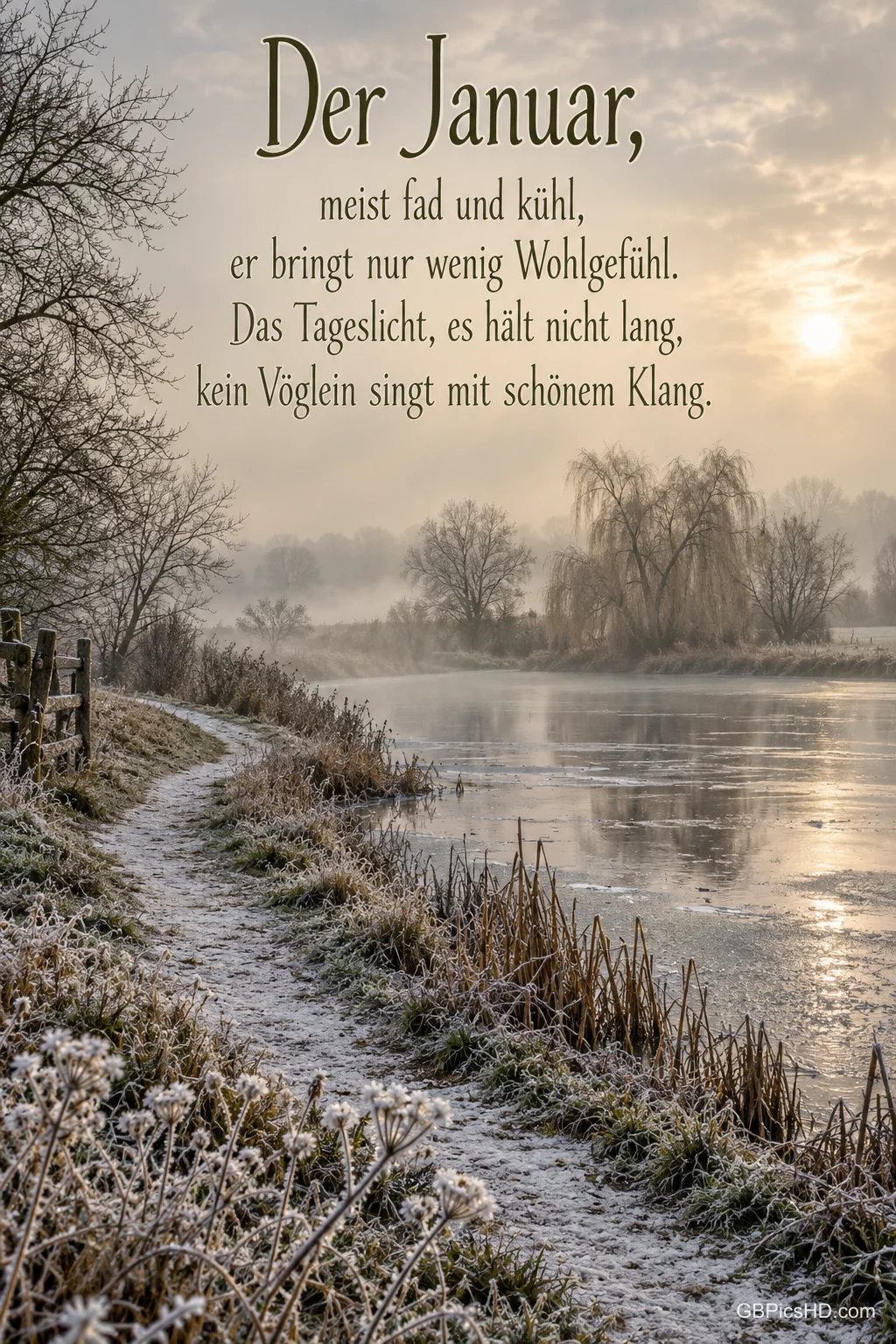 Ein bereifter Uferweg führt an einem nebligen Fluss entlang; darüber steht ein Gedicht mit dem Beginn "Der Januar,".