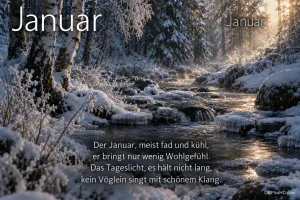 Sonnenlicht fällt auf einen verschneiten Waldbach; zweimal steht "Januar" über einem Wintergedicht.