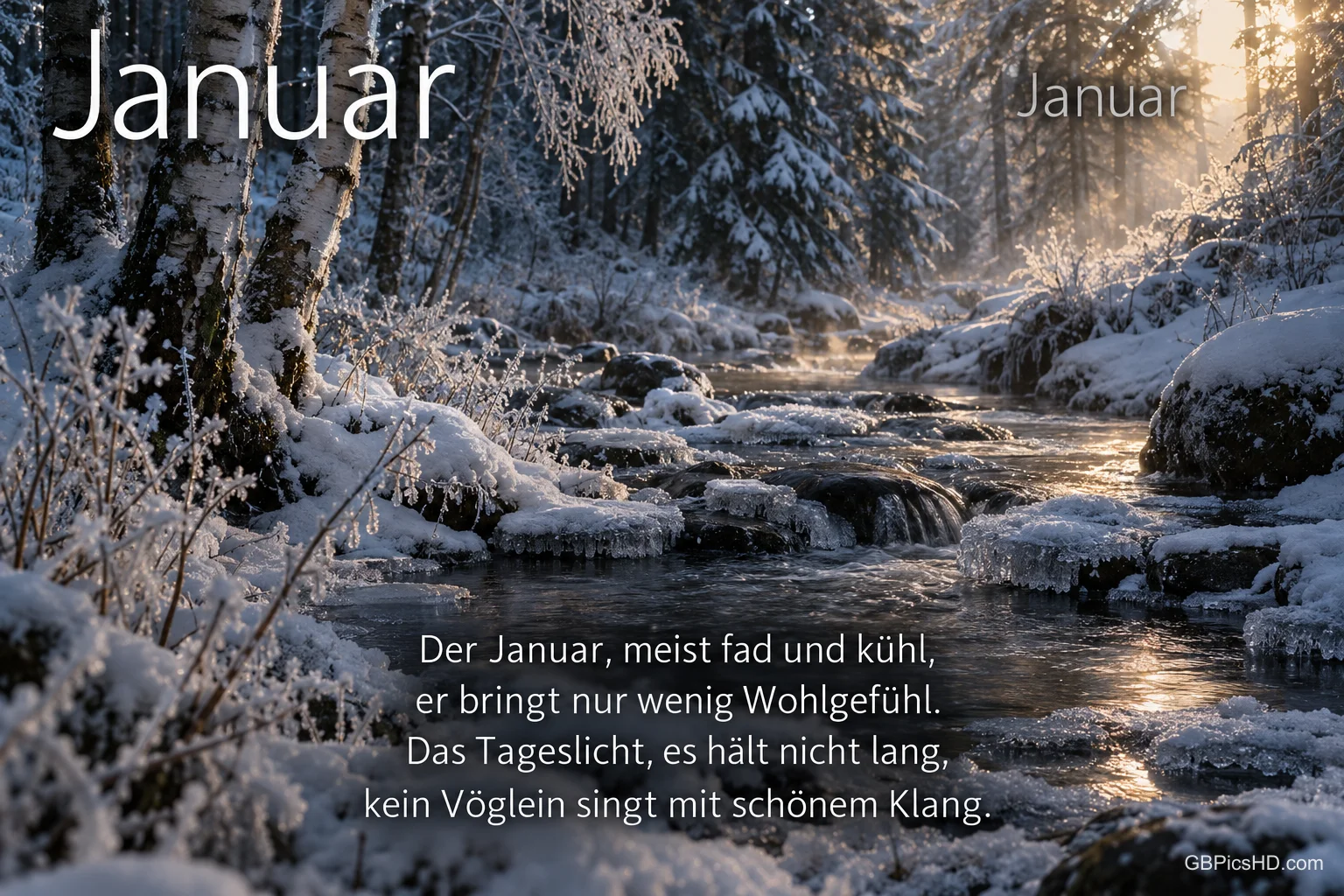 Sonnenlicht fällt auf einen verschneiten Waldbach; zweimal steht "Januar" über einem Wintergedicht.