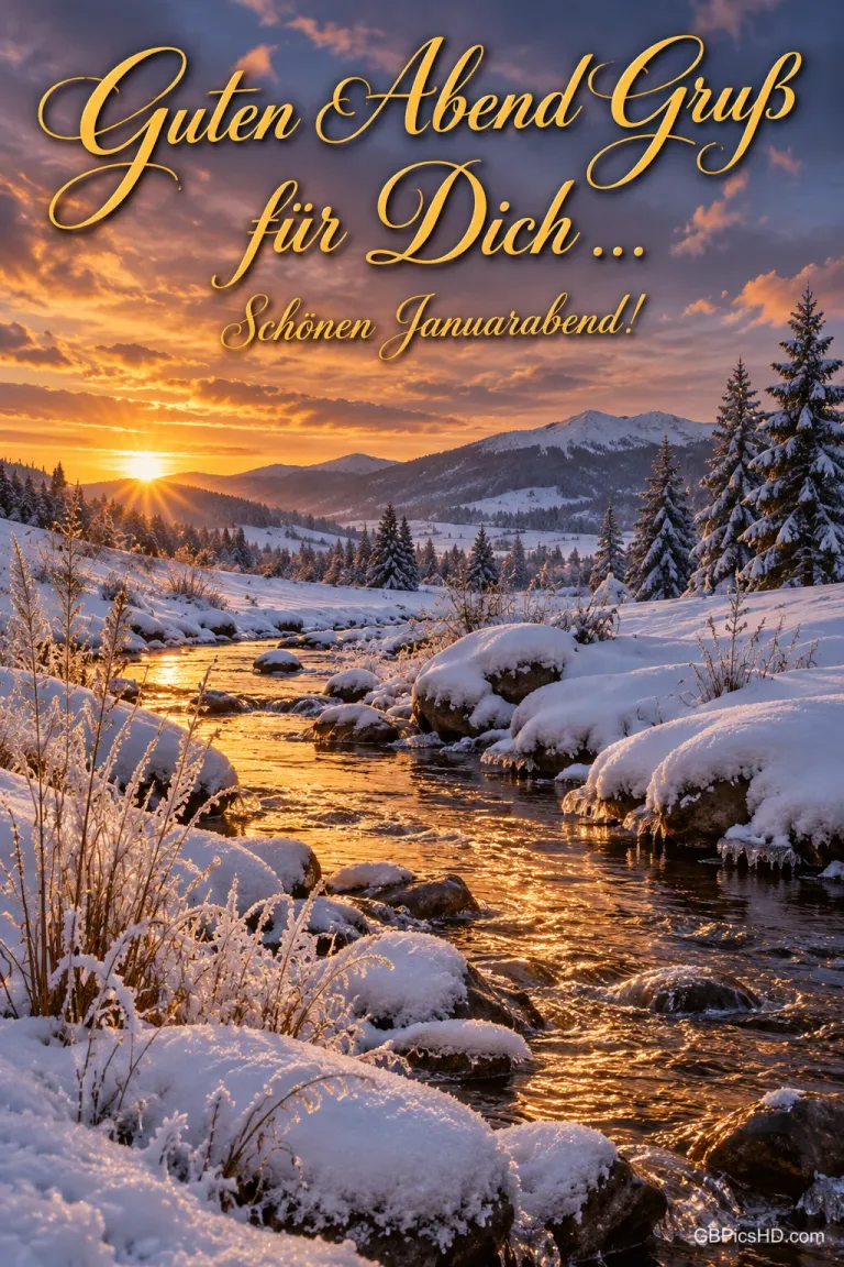 Über einem verschneiten Bach im Sonnenuntergang steht "Guten Abend Gruß für Dich ... Schönen Januarabend!".