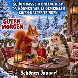 Eichhörnchen und Igel beim Kaffee: "Schön, dass du online bist. Da können wir ja gemeinsam einen Kaffee trinken! Guten Morgen Schönen Januar!"