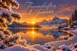 Die Sonne geht hinter verschneiten Bergen über einem See auf, darüber steht "Traumhaften 1. Januar".