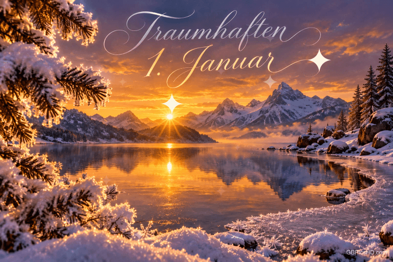 Die Sonne geht hinter verschneiten Bergen über einem See auf, darüber steht "Traumhaften 1. Januar".