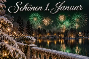 Feuerwerk leuchtet über einer Brücke und spiegelt sich im Wasser, darüber steht "Schönen 1. Januar".