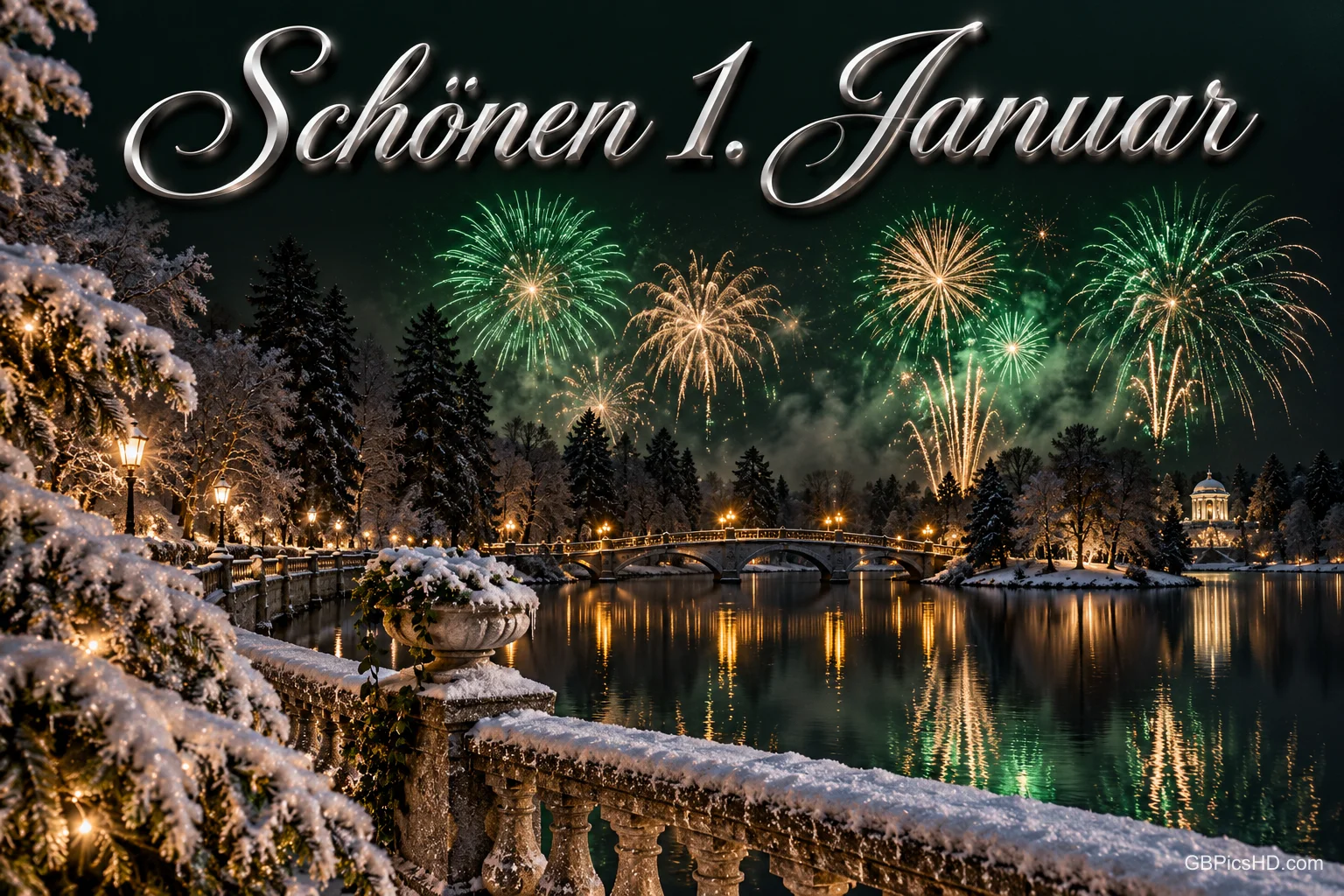Feuerwerk leuchtet über einer Brücke und spiegelt sich im Wasser, darüber steht "Schönen 1. Januar".