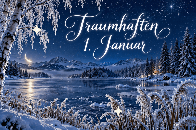 Ein verschneiter See liegt unter Sternen und einer Mondsichel vor Bergen, darüber steht "Traumhaften 1. Januar".
