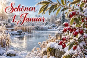 Schneebedeckte rote Beeren und eine Laterne stehen an einem winterlichen Teich, oben links steht "Schönen 1. Januar".