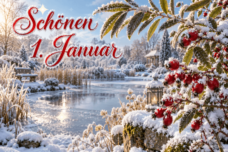 Schneebedeckte rote Beeren und eine Laterne stehen an einem winterlichen Teich, oben links steht "Schönen 1. Januar".