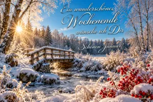 Eine Holzbrücke führt im sonnigen Schnee über einen Bach; darüber steht "Ein wunderschönes Wochenende wünsche ich dir Schönen Januar!".