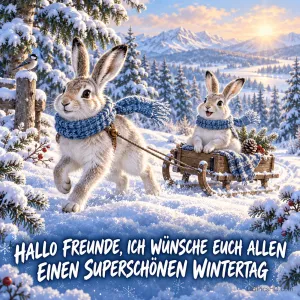 Ein Hase zieht einen zweiten auf einem Schlitten durch den Schnee: "Hallo Freunde, ich wünsche euch allen einen superschönen Wintertag".