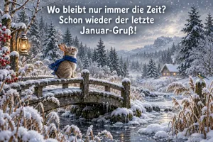 Ein Hase mit blauem Schal sitzt auf einer verschneiten Brücke unter "Wo bleibt nur immer die Zeit? Schon wieder der letzte Januar-Gruß!".