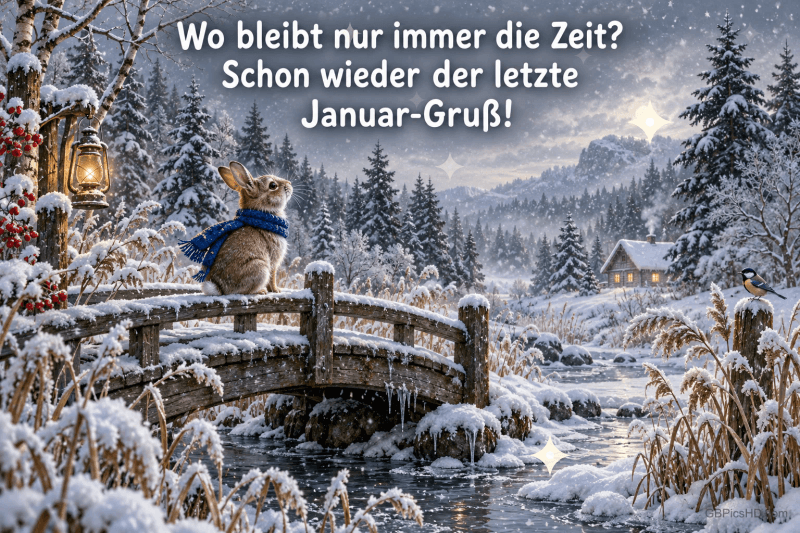 Ein Hase mit blauem Schal sitzt auf einer verschneiten Brücke unter "Wo bleibt nur immer die Zeit? Schon wieder der letzte Januar-Gruß!".