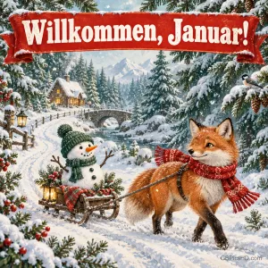 Ein Fuchs mit rotem Schal zieht einen Schlitten mit Schneemann durch den Schnee; oben steht "Willkommen, Januar!".