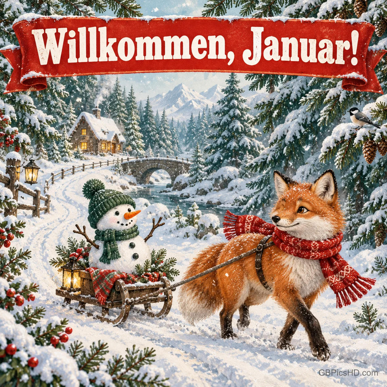 Ein Fuchs mit rotem Schal zieht einen Schlitten mit Schneemann durch den Schnee; oben steht "Willkommen, Januar!".