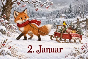 Ein Fuchs mit rotem Schal zieht einen roten Schlitten mit Laterne und Geschenken am verschneiten See; unten steht "2. Januar".