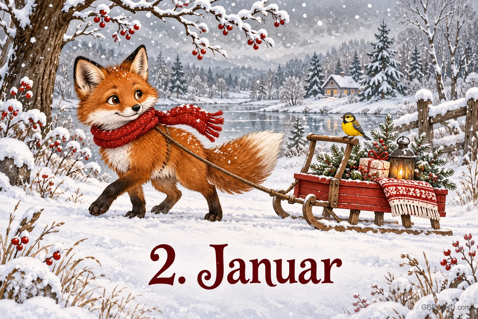 Ein Fuchs mit rotem Schal zieht einen roten Schlitten mit Laterne und Geschenken am verschneiten See; unten steht "2. Januar".
