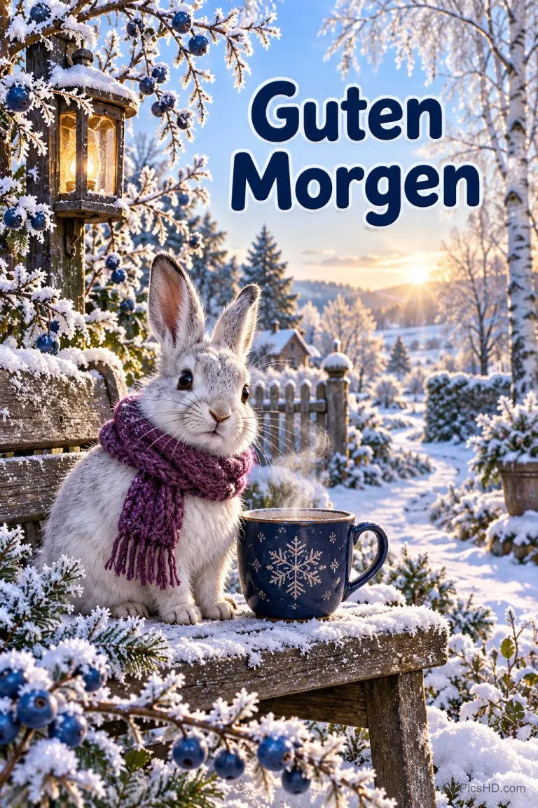Ein Kaninchen mit violettem Schal sitzt neben einer dampfenden Tasse auf einer verschneiten Bank; oben steht "Guten Morgen".