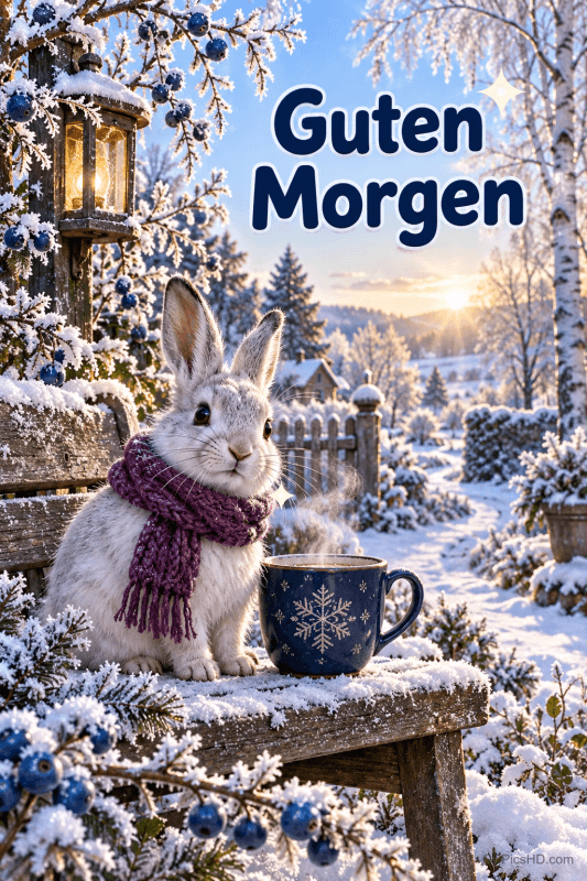 Ein Kaninchen mit violettem Schal sitzt neben einer dampfenden Tasse auf einer verschneiten Bank; oben steht "Guten Morgen".