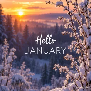 Schnee liegt auf dünnen Zweigen vor einem unscharfen Hintergrund in Orange und Violett; mittig steht "Hello JANUARY".