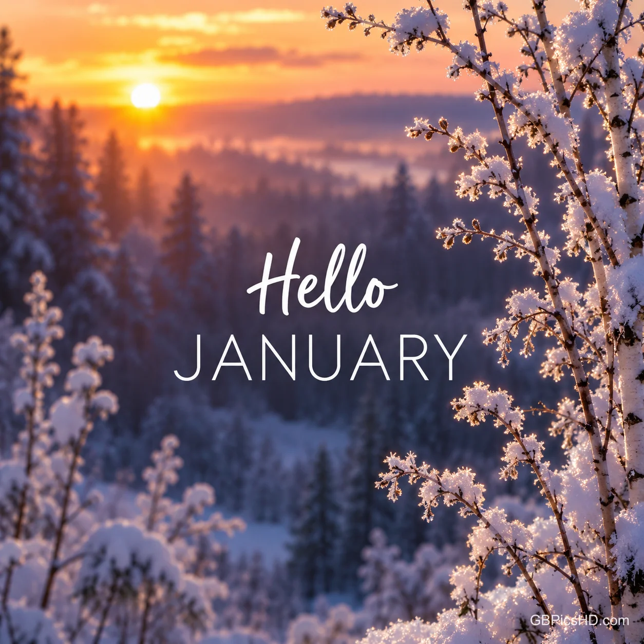 Schnee liegt auf dünnen Zweigen vor einem unscharfen Hintergrund in Orange und Violett; mittig steht "Hello JANUARY".