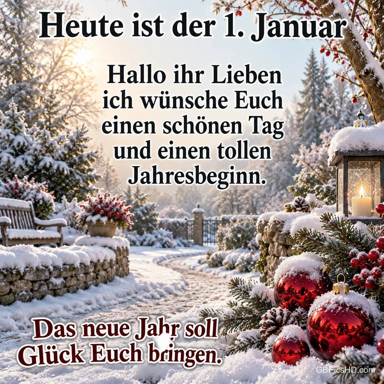 Ein verschneiter Gartenweg mit Laterne, roten Weihnachtskugeln und Tannenzweigen trägt den Gruß "Heute ist der 1. Januar". Ein verschneiter Gartenweg mit Laterne, roten Weihnachtskugeln und Tannenzweigen trägt den Gruß "Heute ist der 1. Januar".
