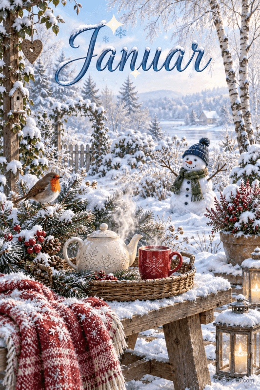 Auf einem verschneiten Tisch stehen Teekanne und rote Tasse; dahinter sind Rotkehlchen, Schneemann und See zu sehen, oben "Januar".