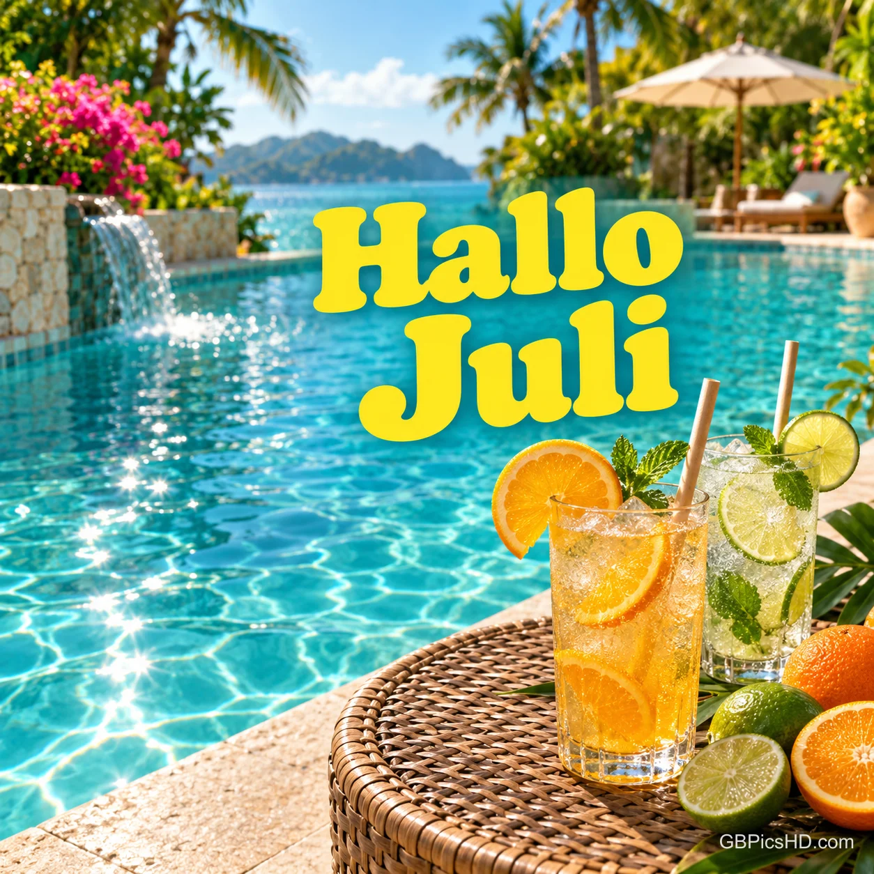 Türkisfarbener Pool mit kleinem Wasserfall, Palmen und Sonnenschirm, im Vordergrund Gläser mit Orangen- und Limettenlimonade, dazu der gelbe Schriftzug Hallo Juli. Türkisfarbener Pool mit kleinem Wasserfall, Palmen und Sonnenschirm, im Vordergrund Gläser mit Orangen- und Limettenlimonade, dazu der gelbe Schriftzug Hallo Juli.