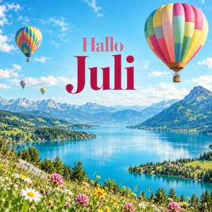Bunte Heißluftballons schweben über einem Bergsee mit grünen Ufern und Wildblumen, in der Mitte in roter Schrift der Gruß Hallo Juli.