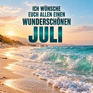 Schäumende Wellen an einem Sandstrand im goldenen Sonnenuntergang, darüber in kräftiger Schrift Wünsche an alle für einen wunderschönen Juli.
