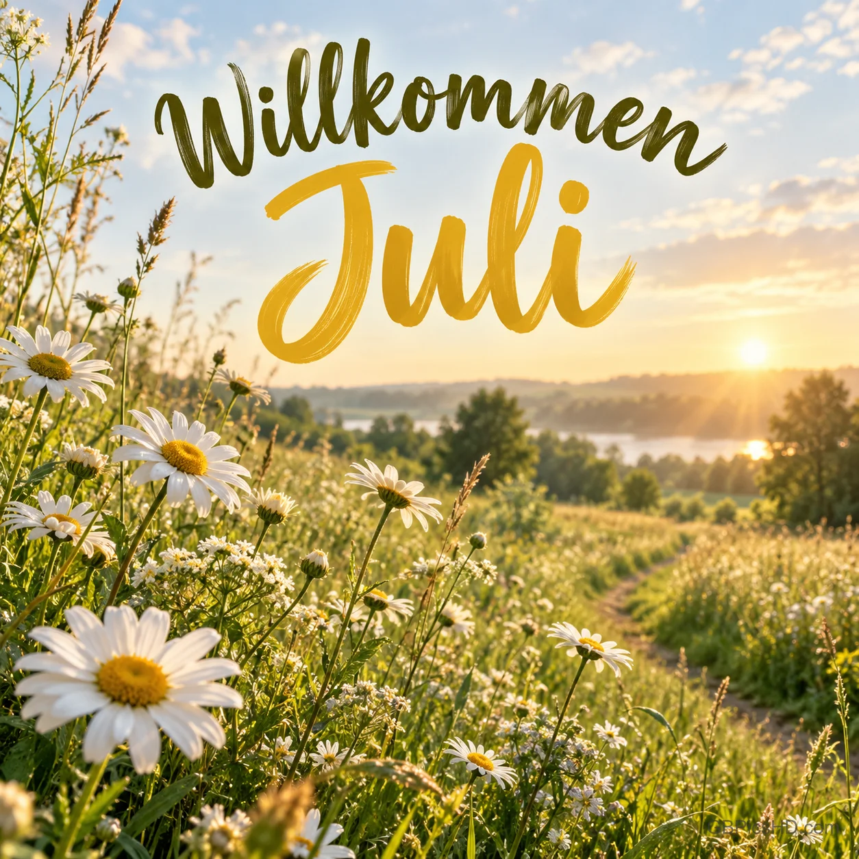 Sommerwiese voller Margeriten und Gräser mit Feldweg und See im Hintergrund bei Sonnenuntergang, darüber in Gelb und Grün Willkommen Juli. Sommerwiese voller Margeriten und Gräser mit Feldweg und See im Hintergrund bei Sonnenuntergang, darüber in Gelb und Grün Willkommen Juli.