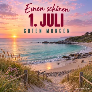 Sandweg mit Holzpfosten führt durch Dünen zu einer Bucht bei Sonnenaufgang, oben Wünsche für einen schönen 1. Juli und ein Guten Morgen.