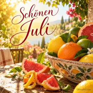 Keramikschale mit Orangen, Zitronen und Limetten neben aufgeschnittener Grapefruit auf einem sonnigen Terrassentisch, darüber in roter Schreibschrift Schönen Juli.