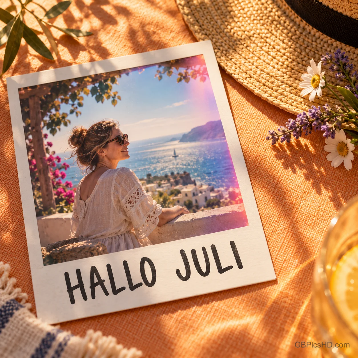 Sofortbild einer Frau mit Sonnenbrille auf einer Terrasse über dem Meer, liegend auf orangefarbenem Stoff neben Strohhut, Lavendel und Margeriten, beschriftet mit Hallo Juli. Sofortbild einer Frau mit Sonnenbrille auf einer Terrasse über dem Meer, liegend auf orangefarbenem Stoff neben Strohhut, Lavendel und Margeriten, beschriftet mit Hallo Juli.
