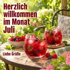 Zwei Gläser mit roter Beerenlimonade, Minze und Eis neben einer Schale Himbeeren auf einem Gartentisch, dazu "Herzlich willkommen im Monat Juli" und "Liebe Grüße"