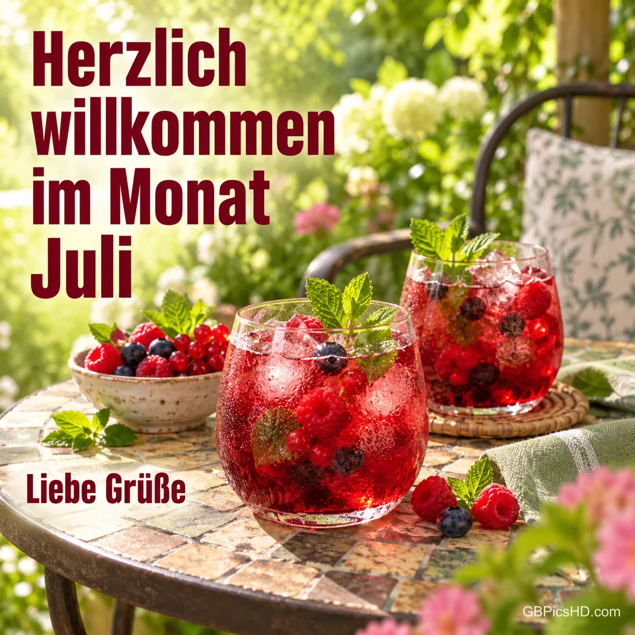 Zwei Gläser mit roter Beerenlimonade, Minze und Eis neben einer Schale Himbeeren auf einem Gartentisch, dazu "Herzlich willkommen im Monat Juli" und "Liebe Grüße" Zwei Gläser mit roter Beerenlimonade, Minze und Eis neben einer Schale Himbeeren auf einem Gartentisch, dazu "Herzlich willkommen im Monat Juli" und "Liebe Grüße"