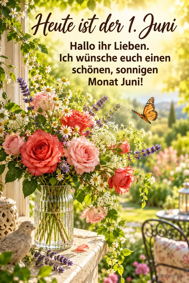Bunter Strauß aus Rosen, Lavendel und Margeriten in einer Glasvase auf einer sonnigen Gartenterrasse mit Schmetterling und dem Gruß "Heute ist der 1. Juni – Hallo ihr Lieben. Ich wünsche euch einen schönen, sonnigen Monat Juni!".