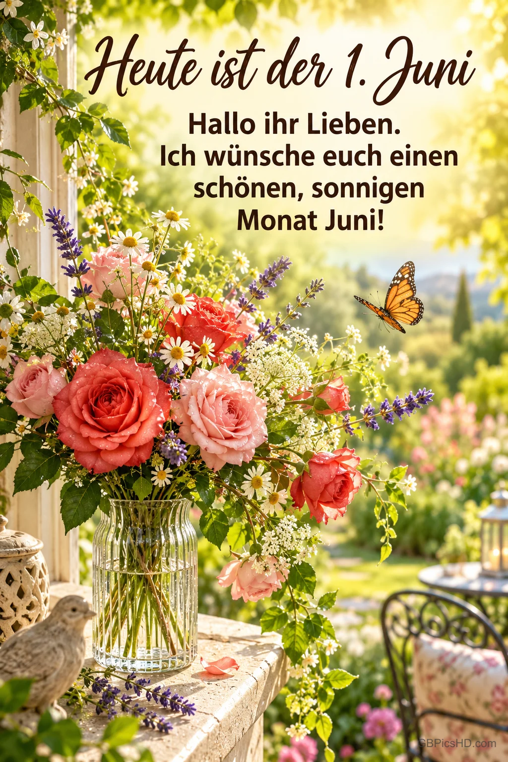 Bunter Strauß aus Rosen, Lavendel und Margeriten in einer Glasvase auf einer sonnigen Gartenterrasse mit Schmetterling und dem Gruß "Heute ist der 1. Juni – Hallo ihr Lieben. Ich wünsche euch einen schönen, sonnigen Monat Juni!".
