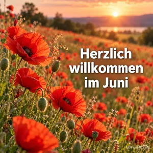 Leuchtend rotes Mohnblumenfeld im Abendlicht mit Blick auf einen See und dem Schriftzug "Herzlich willkommen im Juni".
