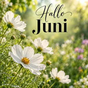 Weiße Schmuckkörbchen mit Tautropfen auf einer sonnigen Sommerwiese und dem Schriftzug "Hallo Juni".