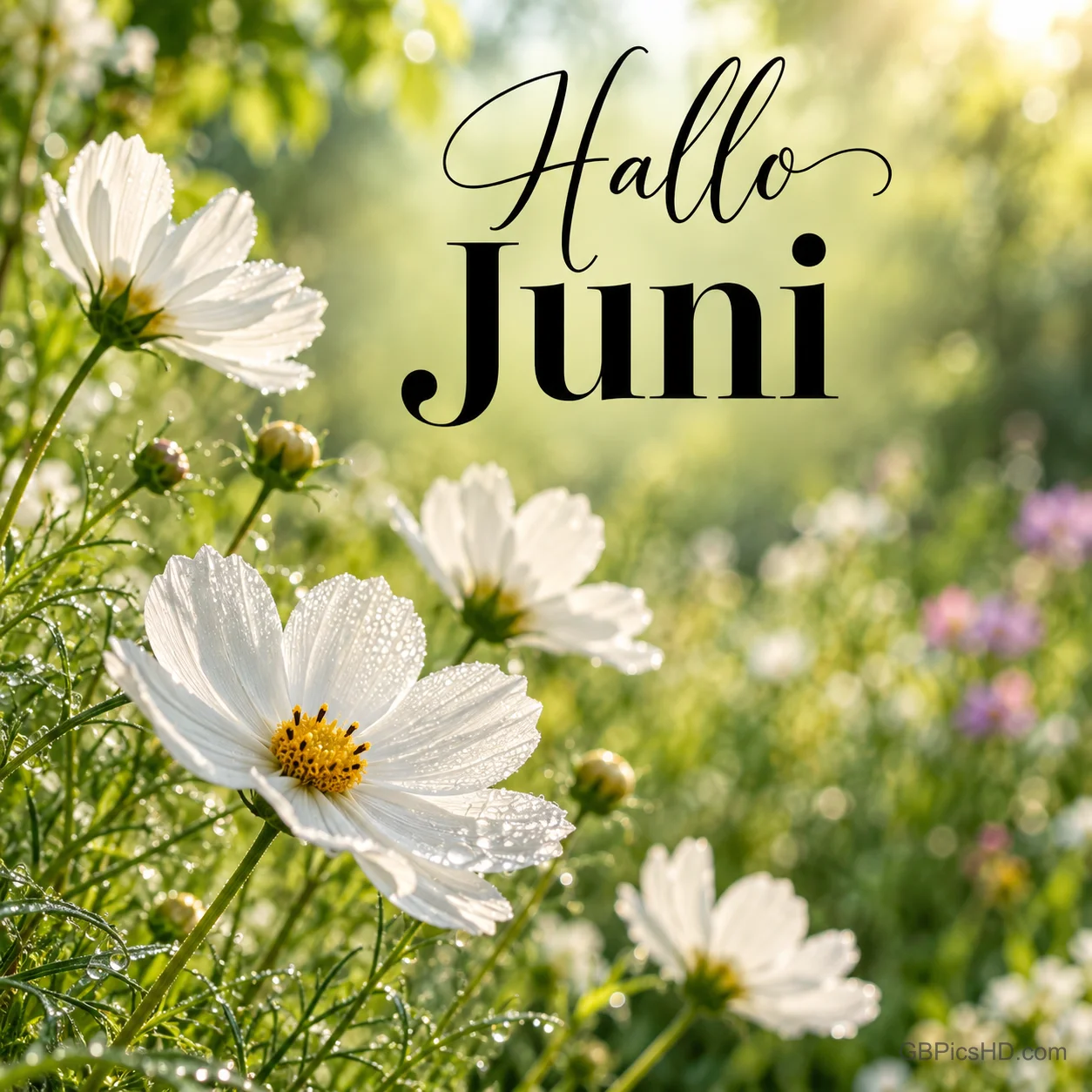 Weiße Schmuckkörbchen mit Tautropfen auf einer sonnigen Sommerwiese und dem Schriftzug "Hallo Juni". Weiße Schmuckkörbchen mit Tautropfen auf einer sonnigen Sommerwiese und dem Schriftzug "Hallo Juni".