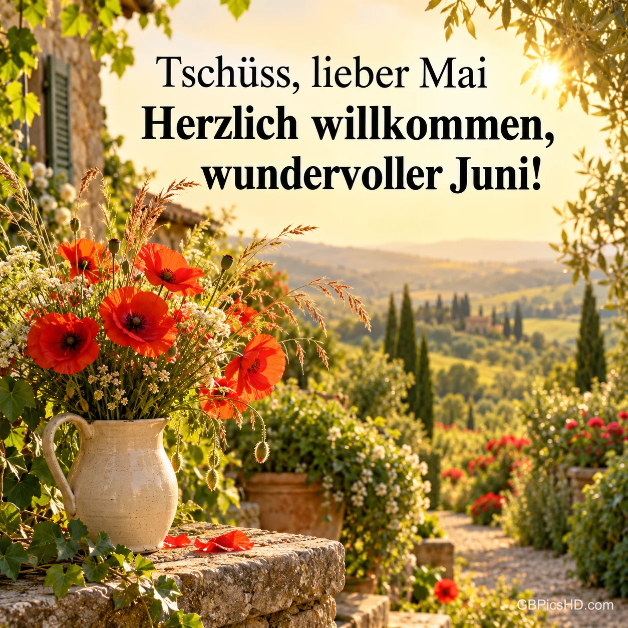 Krug mit roten Mohnblumen auf einer Steinmauer vor einer sonnigen Hügellandschaft mit Zypressen und dem Text "Tschüss, lieber Mai – Herzlich willkommen, wundervoller Juni!". Krug mit roten Mohnblumen auf einer Steinmauer vor einer sonnigen Hügellandschaft mit Zypressen und dem Text "Tschüss, lieber Mai – Herzlich willkommen, wundervoller Juni!".