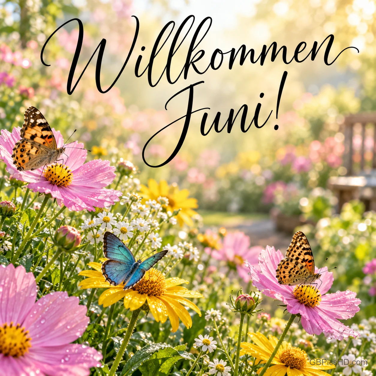 Bunte Schmetterlinge auf rosa und gelben Sommerblumen in einem sonnigen Garten mit dem Schriftzug "Willkommen Juni!". Bunte Schmetterlinge auf rosa und gelben Sommerblumen in einem sonnigen Garten mit dem Schriftzug "Willkommen Juni!".