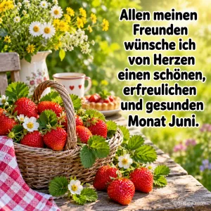 Korb mit frischen Erdbeeren auf einem Holztisch im Garten mit Wiesenblumen, Tasse und Erdbeertörtchen sowie dem Text "Allen meinen Freunden wünsche ich von Herzen einen schönen, erfreulichen und gesunden Monat Juni.".