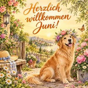 Golden Retriever mit Blumenkranz sitzt in einem blühenden Garten am See, darüber der Schriftzug "Herzlich willkommen Juni!".